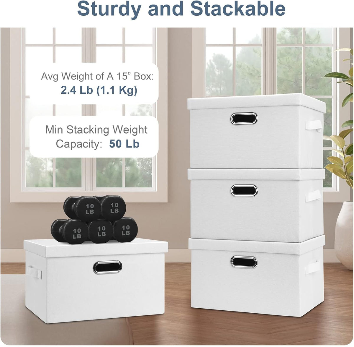 Medium 15" 21 Quart Collapsible Stackable Storage Bins with Lids, 3 Packs White Foldable Fabric
