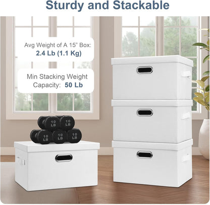 Medium 15" 21 Quart Collapsible Stackable Storage Bins with Lids, 3 Packs White Foldable Fabric