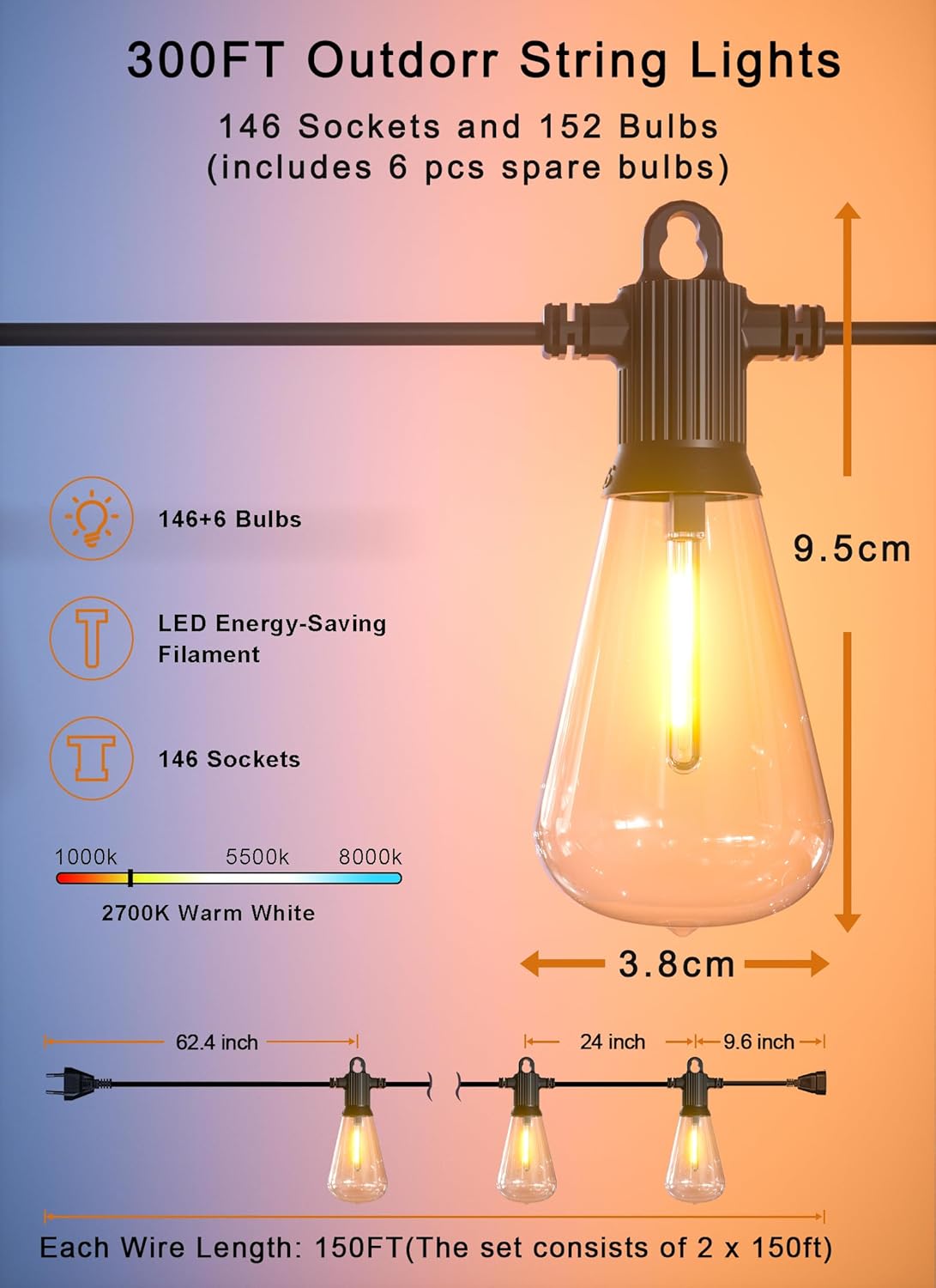 Outdoor String Lights Waterproof, 300FT Patio Lights with 146 Shatterproof ST38 Globe Bulbs(6