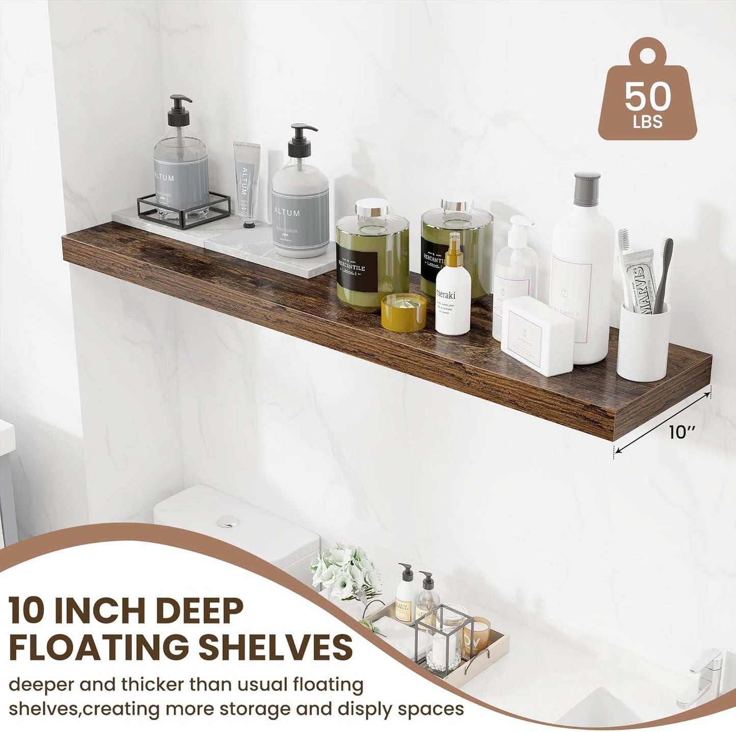 48 Inch Floating Shelves for Wall - 10 Inch Deep Fireplace Mantel Shelf - Wood Floating Shelves for