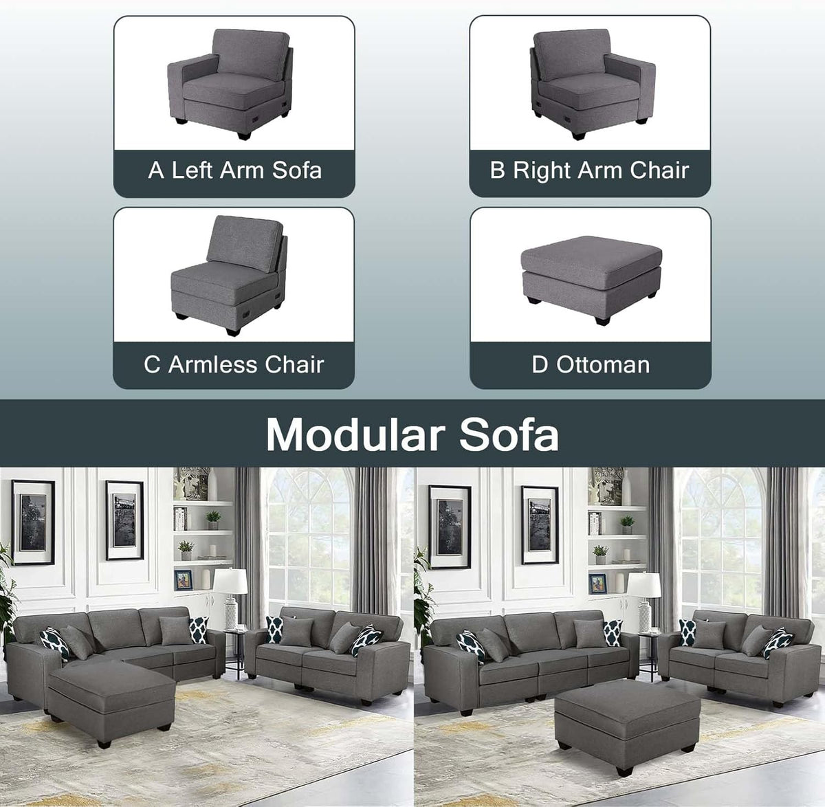 L Lengend Vansen Modular Sectional Sofa U Shaped Couch with Ottoman Modern Reversible Corner