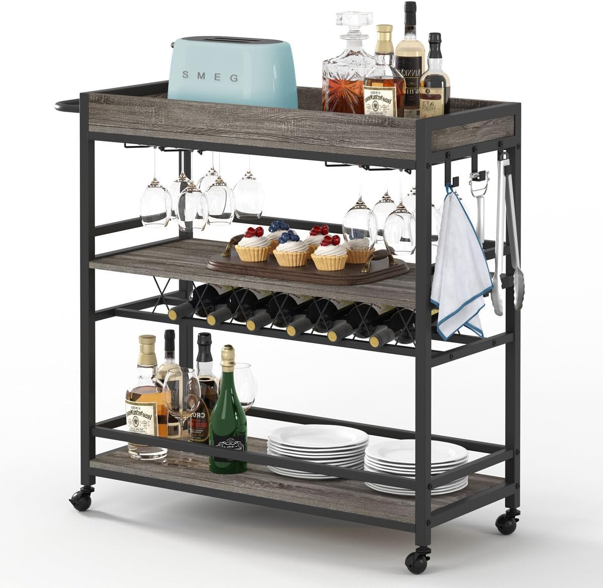 BON AUGURE Bar Cart, Home Bar Serving Cart on Wheels, Mobile 3 Tier Liquor Beverage Carts with Wine
