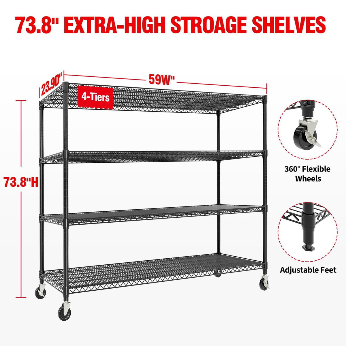 Metal Storage Shelving with Wheels, 4 Tiers Heavy Duty Rolling Storage Shelves with Adjustable Wire