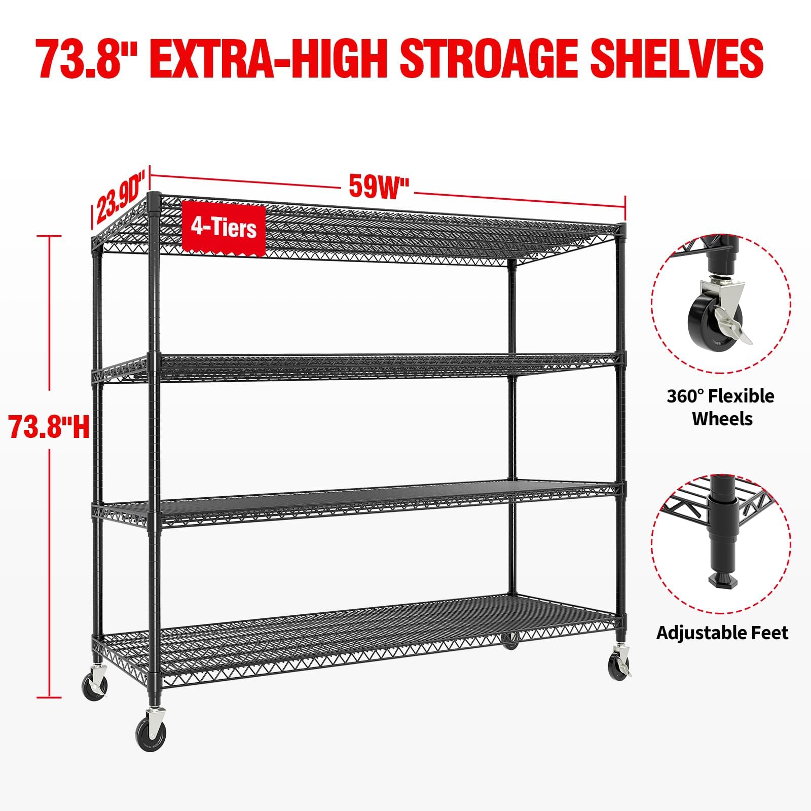 Metal Storage Shelving with Wheels, 4 Tiers Heavy Duty Rolling Storage Shelves with Adjustable Wire