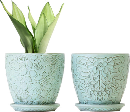 6 Inch Retro Ceramic Planter Set of 2 with Drainage Hole and Saucer for Plants, Indoor-Outdoor