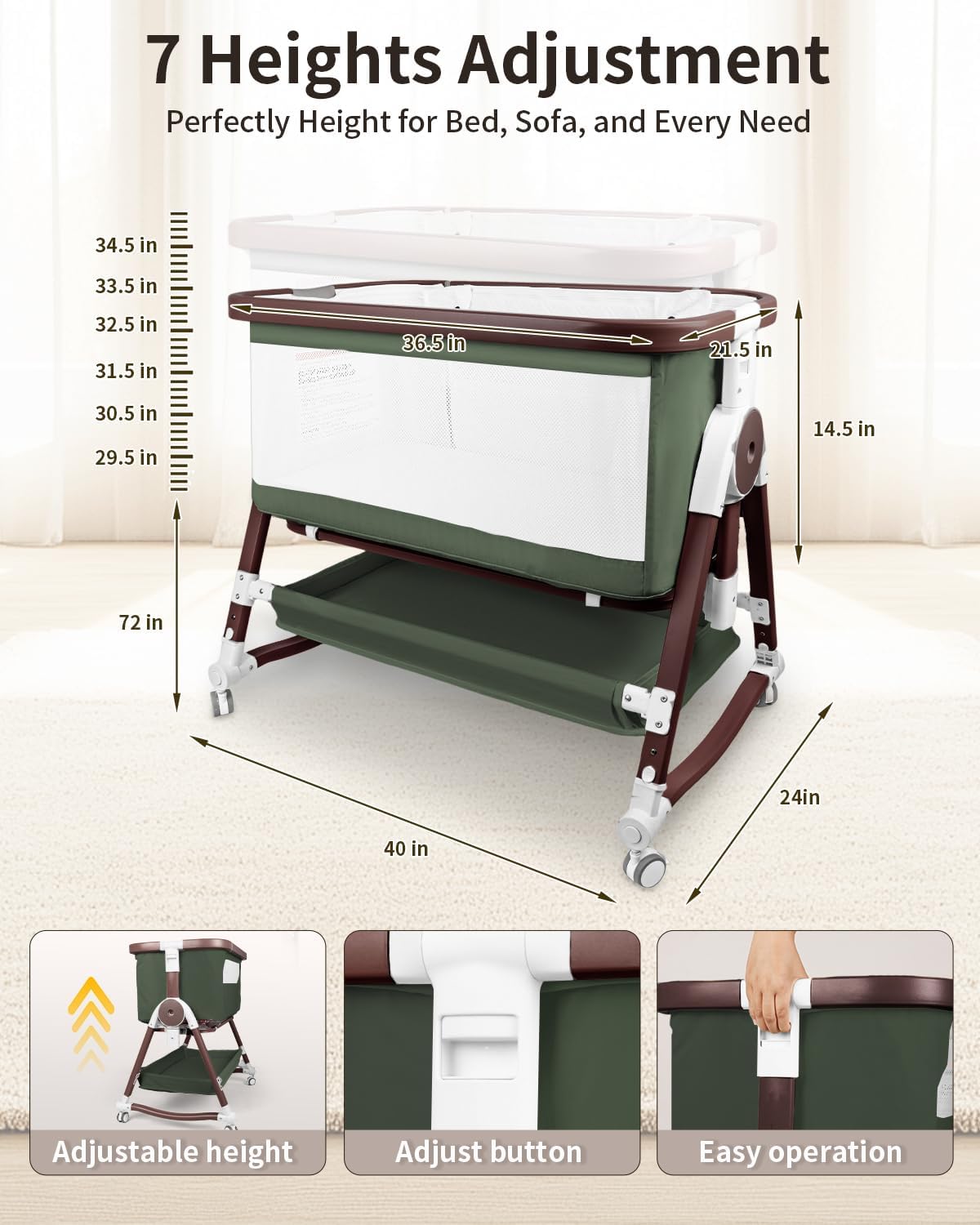 4 in 1 Baby Bassinet, Bassinets Bedside Sleeper with Wheels and Storage Basket, Adjustable 7