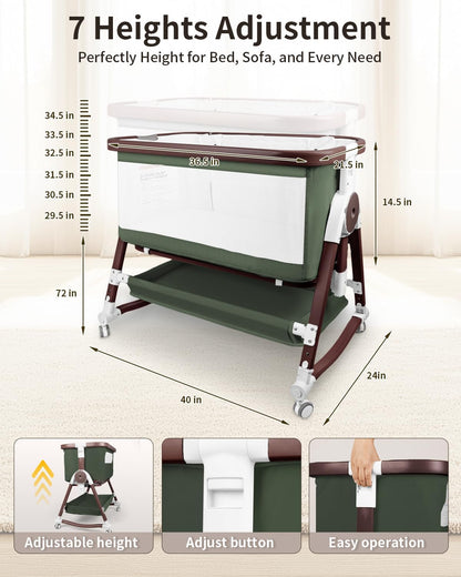 4 in 1 Baby Bassinet, Bassinets Bedside Sleeper with Wheels and Storage Basket, Adjustable 7