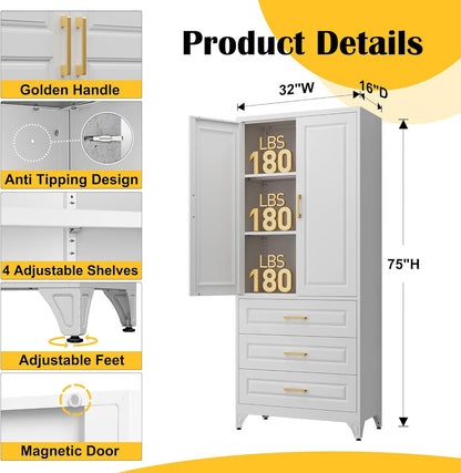 75" Kitchen Pantry Cabinet with 3 Drawer,Metal Storage Cabinets with Doors and 4 Adjustable