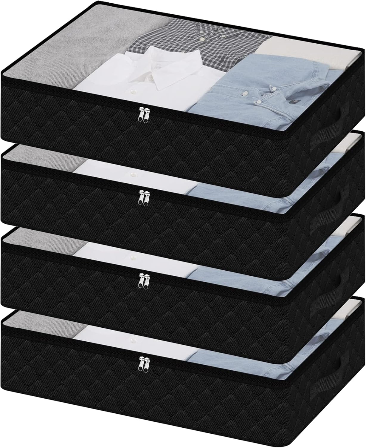 Fixwal 4 Pack Black Underbed Storage Bags with Clear Window and 2 Reinforced Handles Under Bed