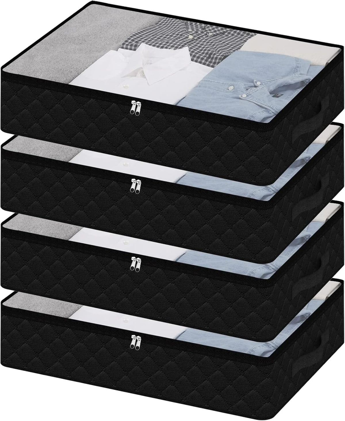 Fixwal 4 Pack Black Underbed Storage Bags with Clear Window and 2 Reinforced Handles Under Bed