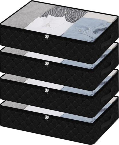 Fixwal 4 Pack Black Underbed Storage Bags with Clear Window and 2 Reinforced Handles Under Bed