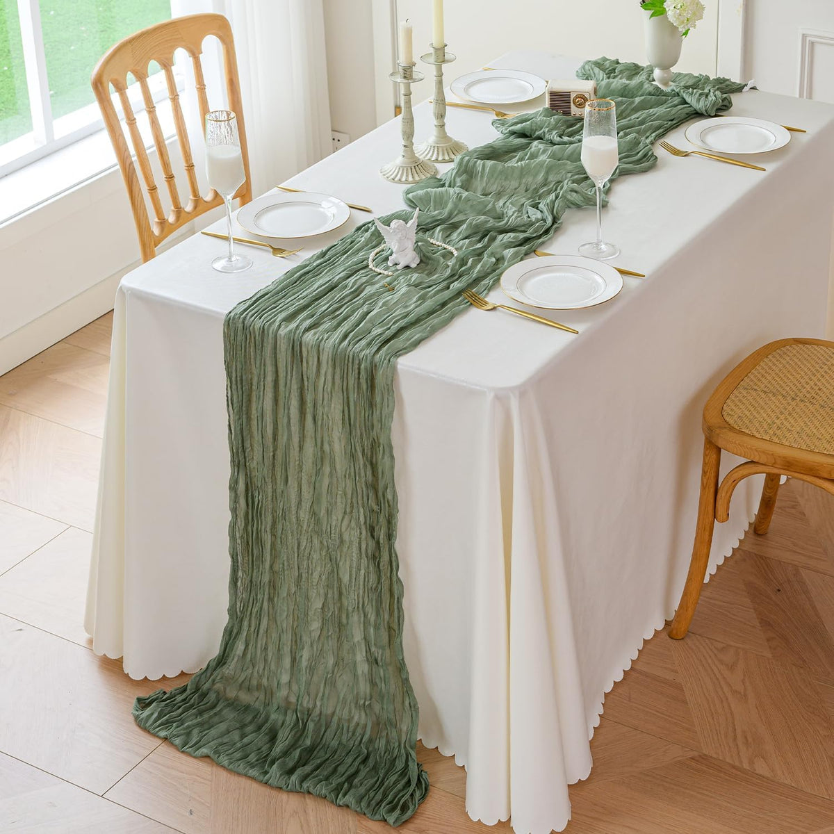 Sioloc 1 Pack Sage Green Cheesecloth Table Runner Fall Autumn Decor for Home 10ft Table Cloth for