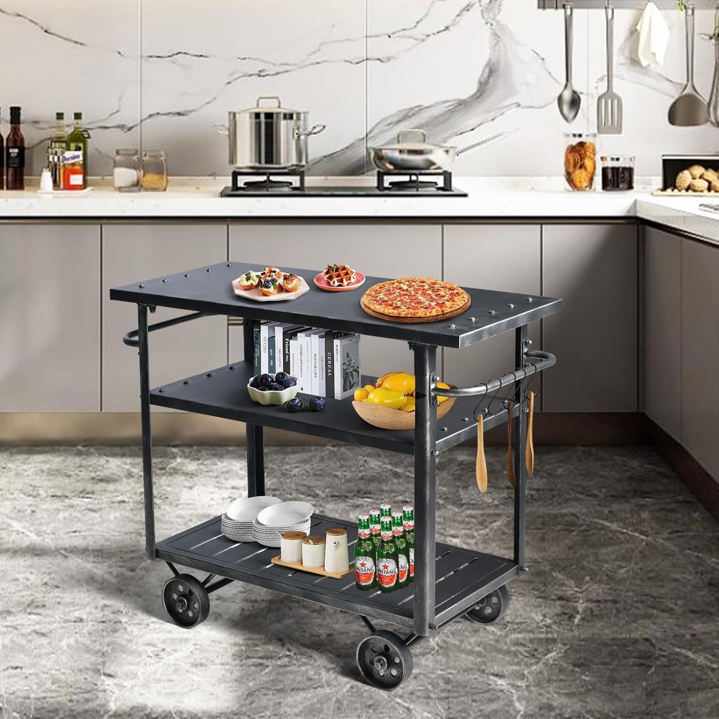 Diwhy Industrial 3 Tier Rolling Utility Storage Cart Wine Beverage, Metal Wine Rack with Wheels