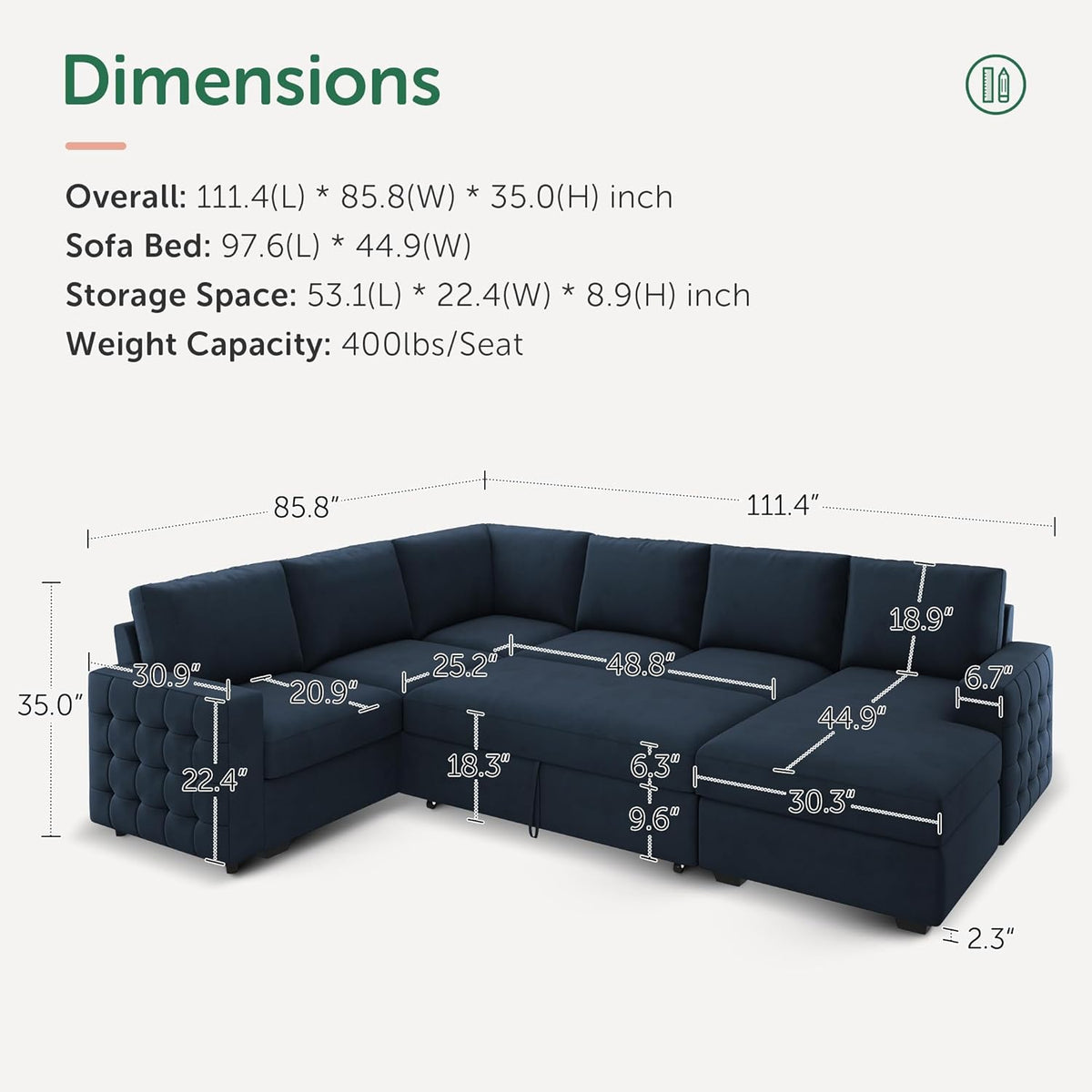 HONBAY Sectional Sleeper Sofa with Pull Out Bed U-Shape Sectional Couch Sleeper Bed with Storage