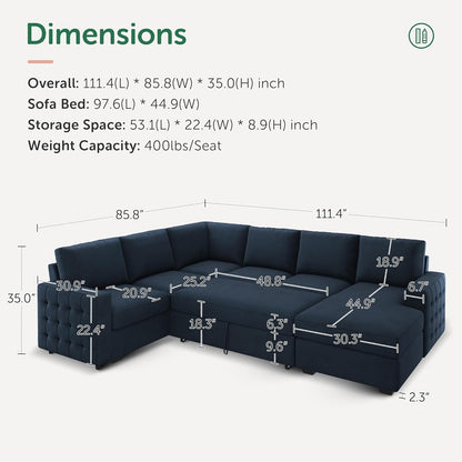 HONBAY Sectional Sleeper Sofa with Pull Out Bed U-Shape Sectional Couch Sleeper Bed with Storage