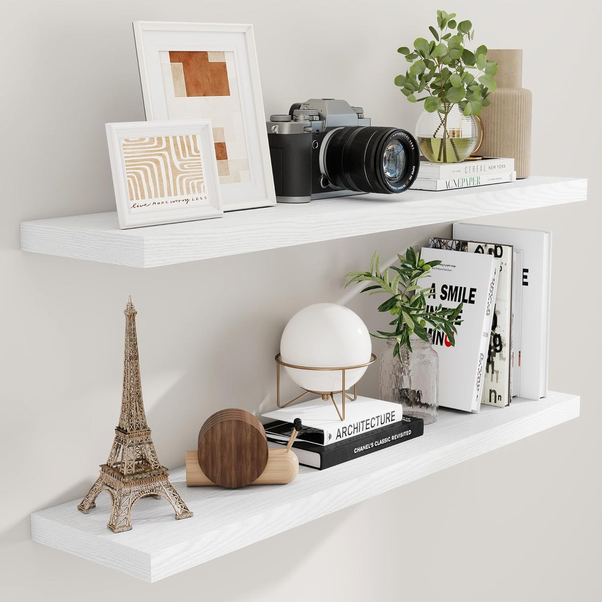 Fun Memories Floating Shelves 48 Inch Set of 2, White 48 x 9 Wall Shelves for Home Decor Storage