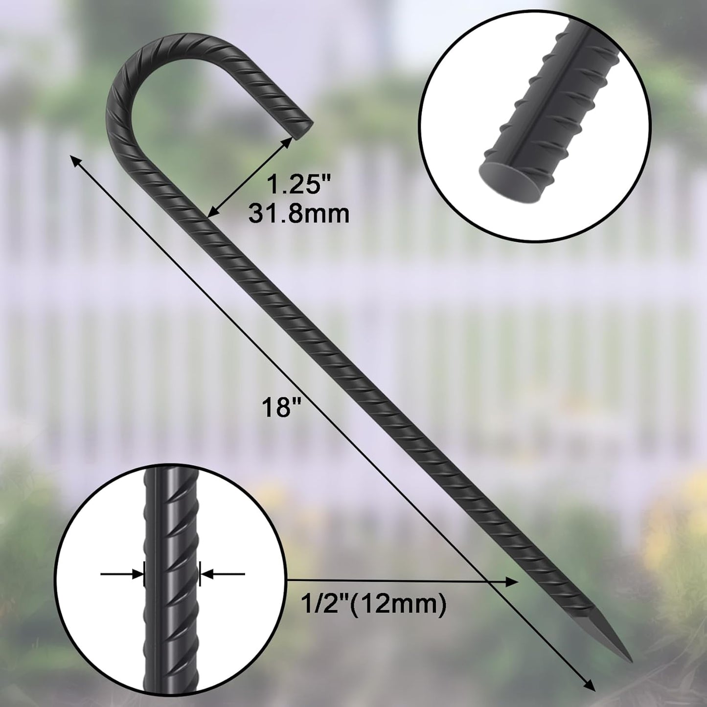 18 Inch Steel J Hook Rebar Ground Stakes 16 Pack 1/2 Inch Diameter Fence Stakes for Wire Fencing