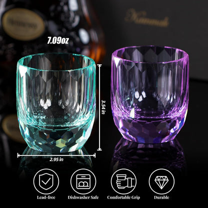 KAMMAK Crystal Whiskey Glasses Set of 2, 7oz Old Fashioned Glasses Stemless, Hand Blown Colored