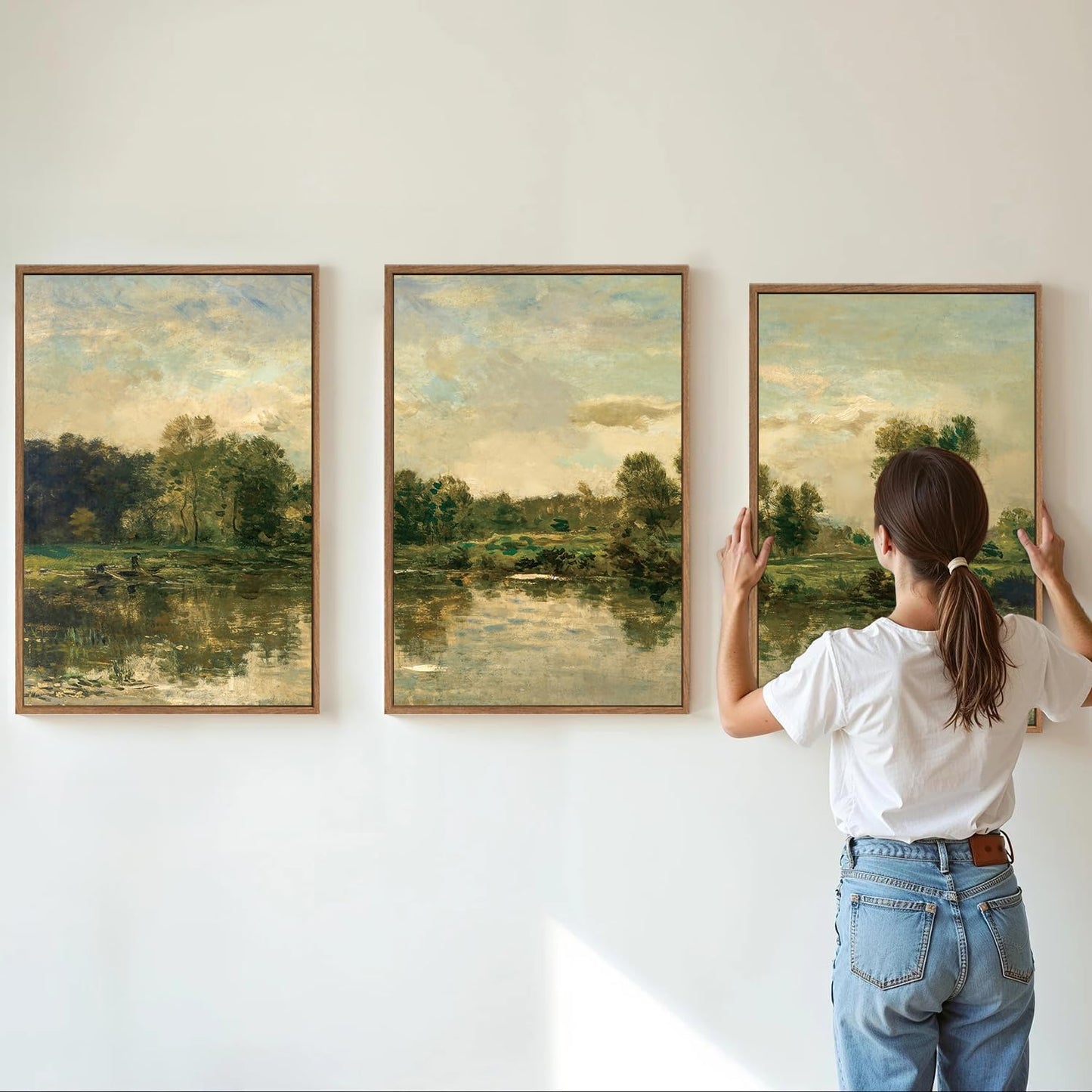 Tinonedraw Vintage Nature Framed Canvas Wall Art Set of 3, French Country Wall Decor, Olive Green