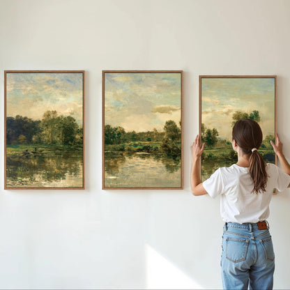 Tinonedraw Vintage Nature Framed Canvas Wall Art Set of 3, French Country Wall Decor, Olive Green