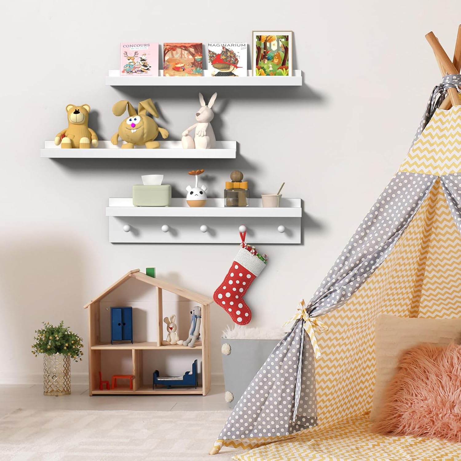 MBYD Picture Shelf Ledge, 24 Inch Floating Shelves for Wall, Nursery Book Shelves with Hooks Set of
