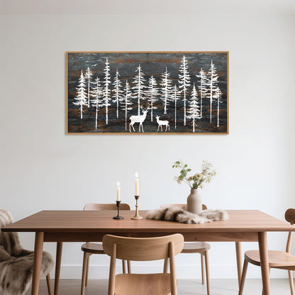 Modern White Forest Framed Canvas Wall Art Set, Minimalist Woodland Art Painting, Retro Tree