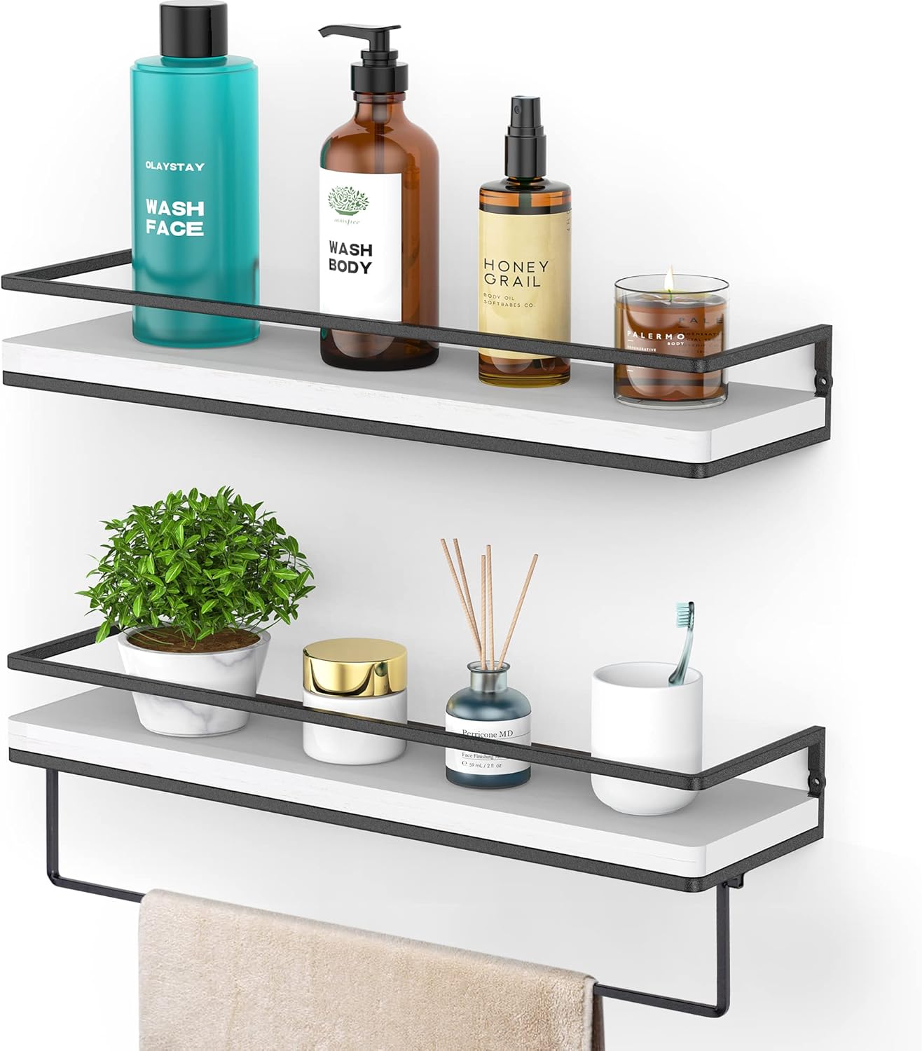 Meangood Floating Shelves Wall Mounted Set of 2, Wall Shelf with Towel Bar Rustic Wood Wall Storage