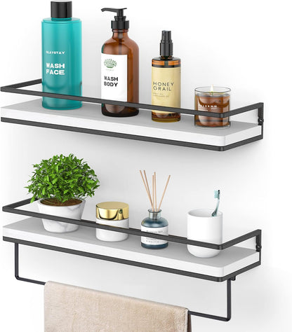 Meangood Floating Shelves Wall Mounted Set of 2, Wall Shelf with Towel Bar Rustic Wood Wall Storage