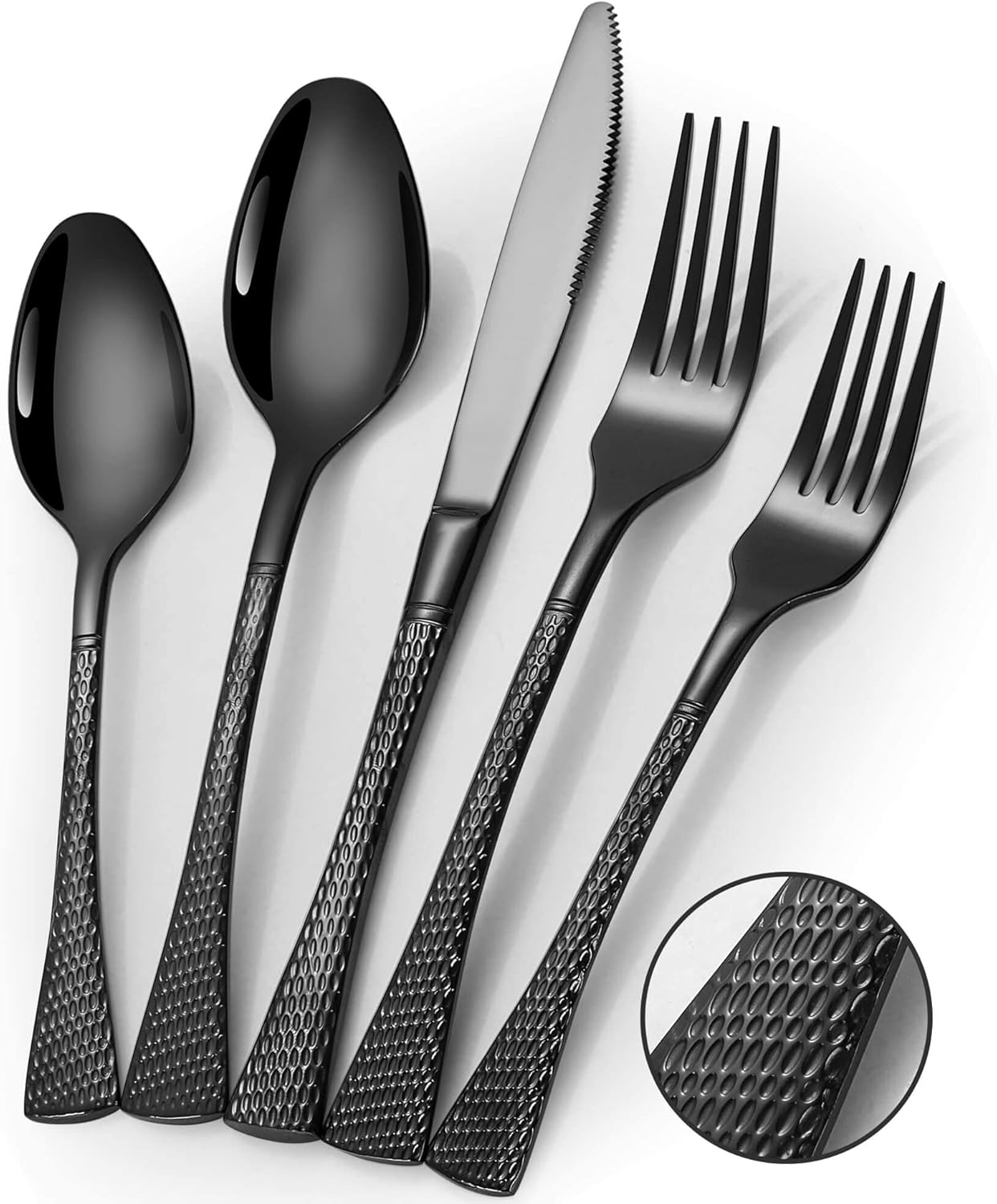 Hammered Black Silverware Set for 8,Stainless Steel 40-Piece Modern Cutlery Set,Mirror Polished