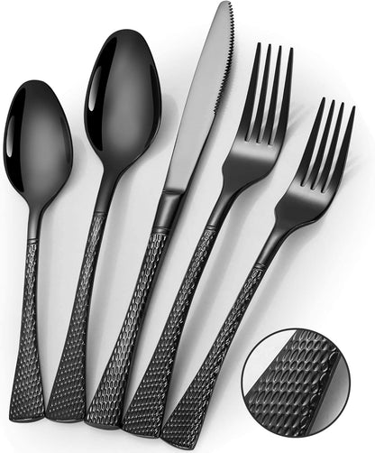 Hammered Black Silverware Set,20 Piece Modern Flatware Set Service for 4,Mirror Polished Stainless