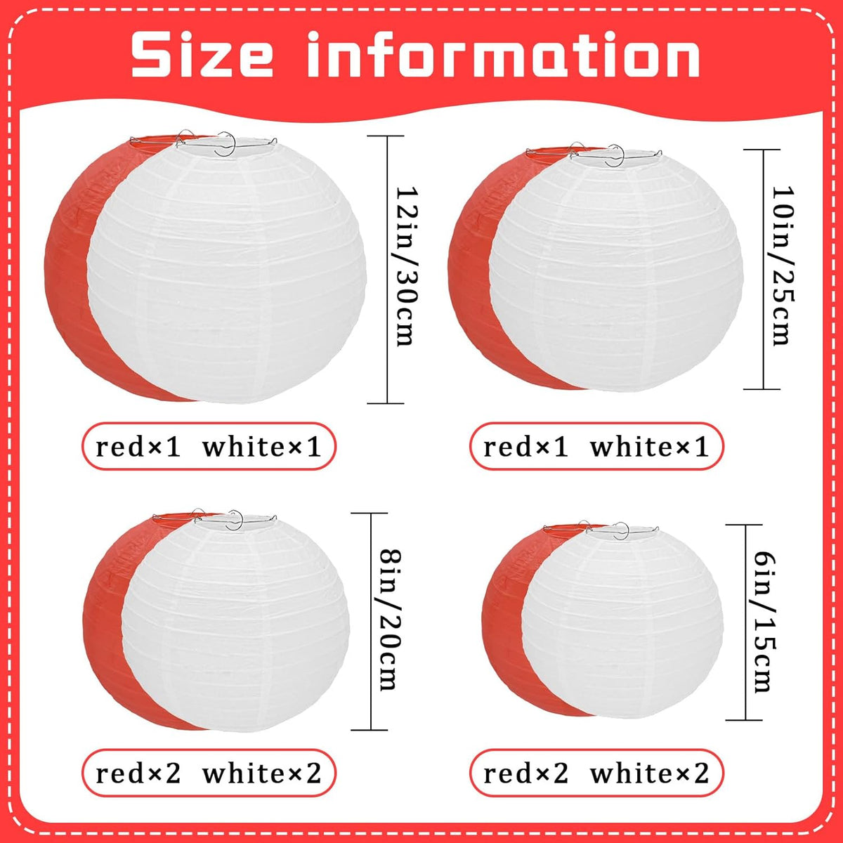 12Pcs Round Paper Lanterns Assorted Sizes (6" 8" 10" 12") for Home Decor, Restaurant, Church