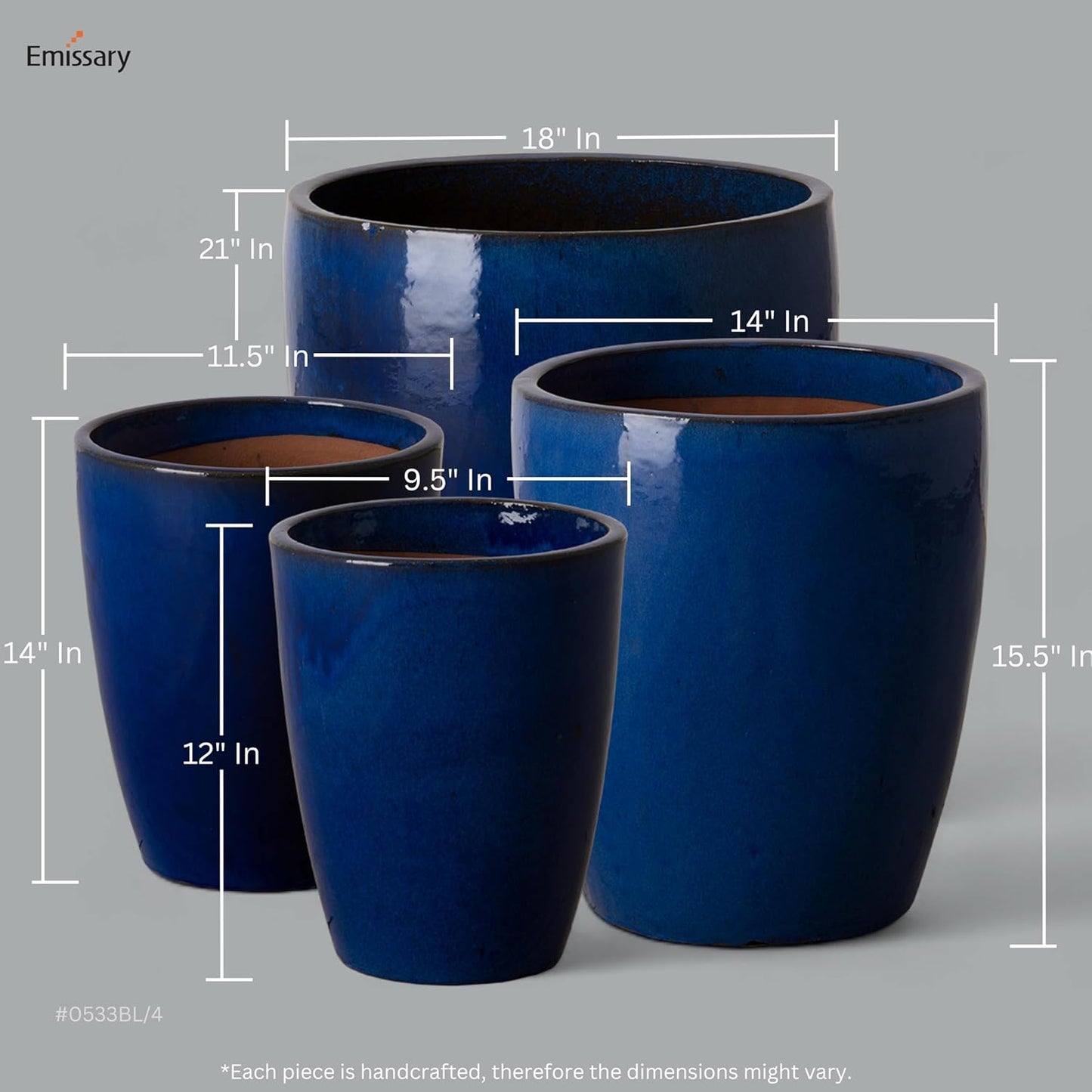 Emissary Home and Garden Bullet 12in., 14in., 15.5in., 21in. H Blue Ceramic Round Planters with