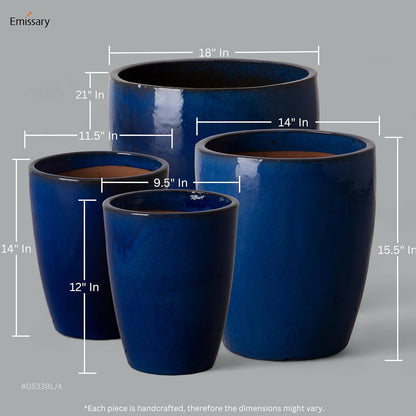 Emissary Home and Garden Bullet 12in., 14in., 15.5in., 21in. H Blue Ceramic Round Planters with