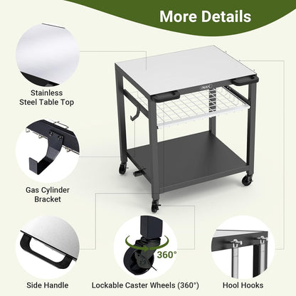 NUUK Outdoor Grill Cart 30"x 24" Pizza Oven Table 3-Shelf with Drawer BBQ Grilling Carts Outside