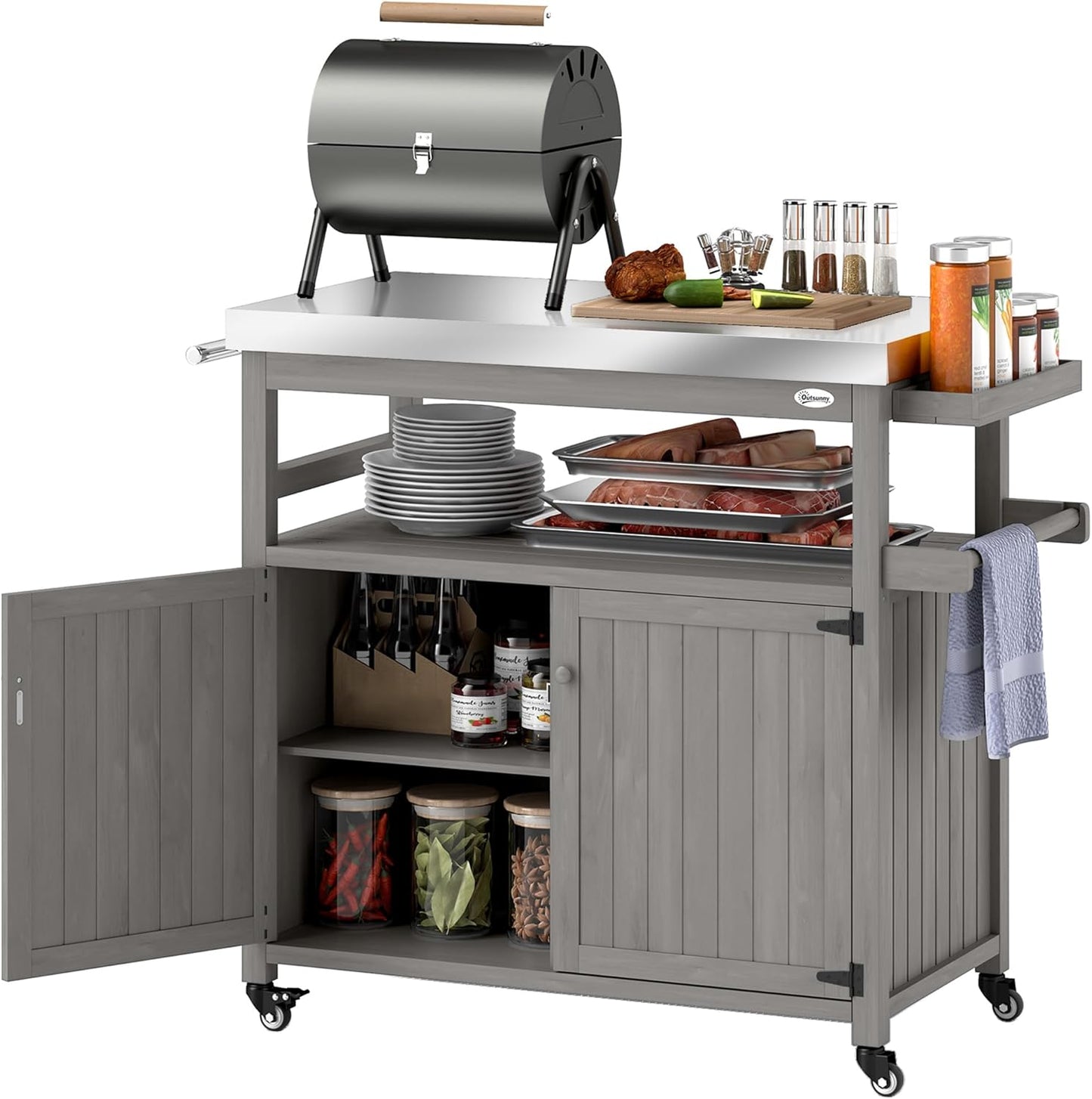 Outsunny Outdoor Grill Cart with Wheels and Storage, Solid Wood Outdoor Kitchen Island with