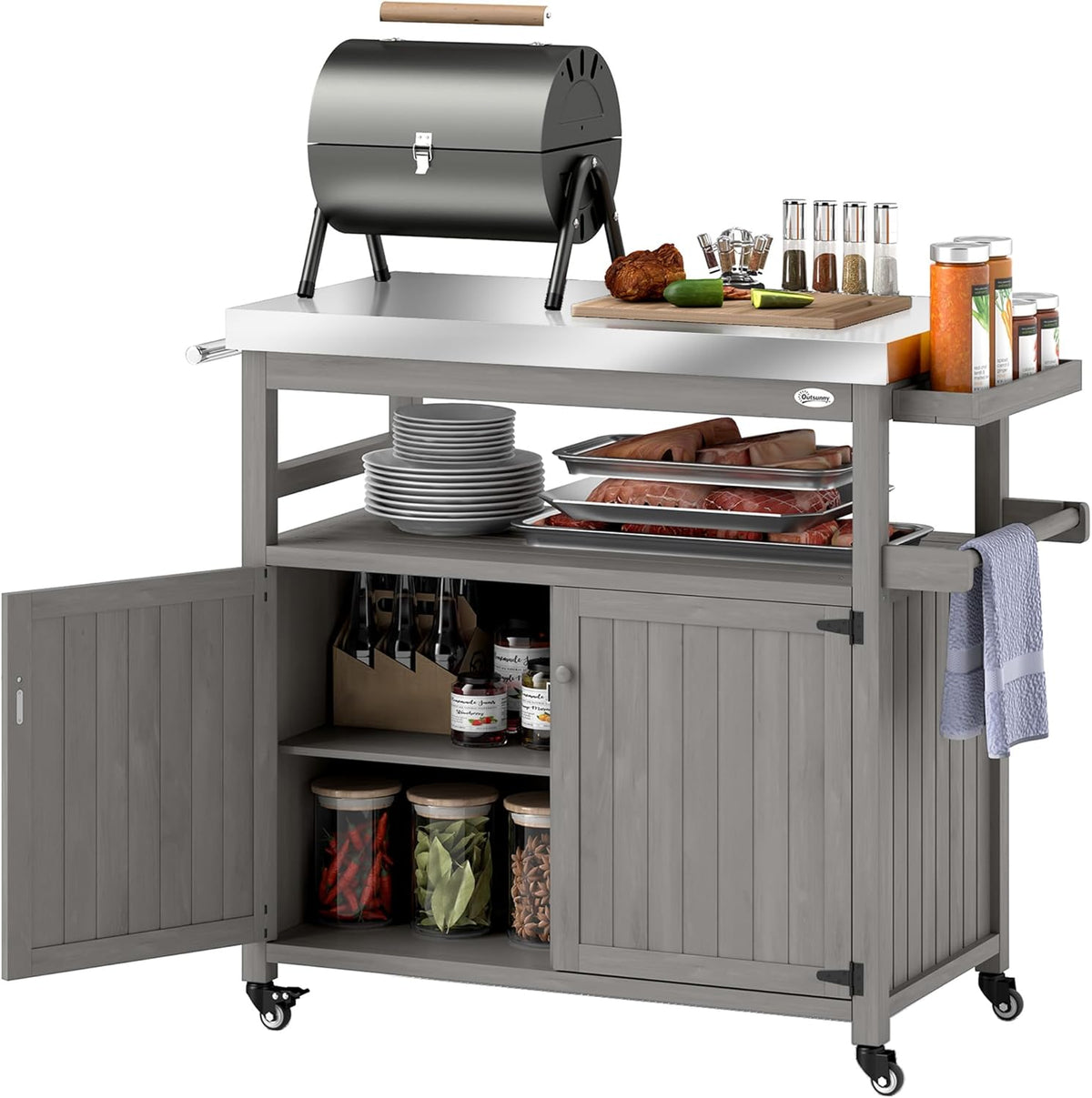 Outsunny Outdoor Grill Cart with Wheels and Storage, Solid Wood Outdoor Kitchen Island with
