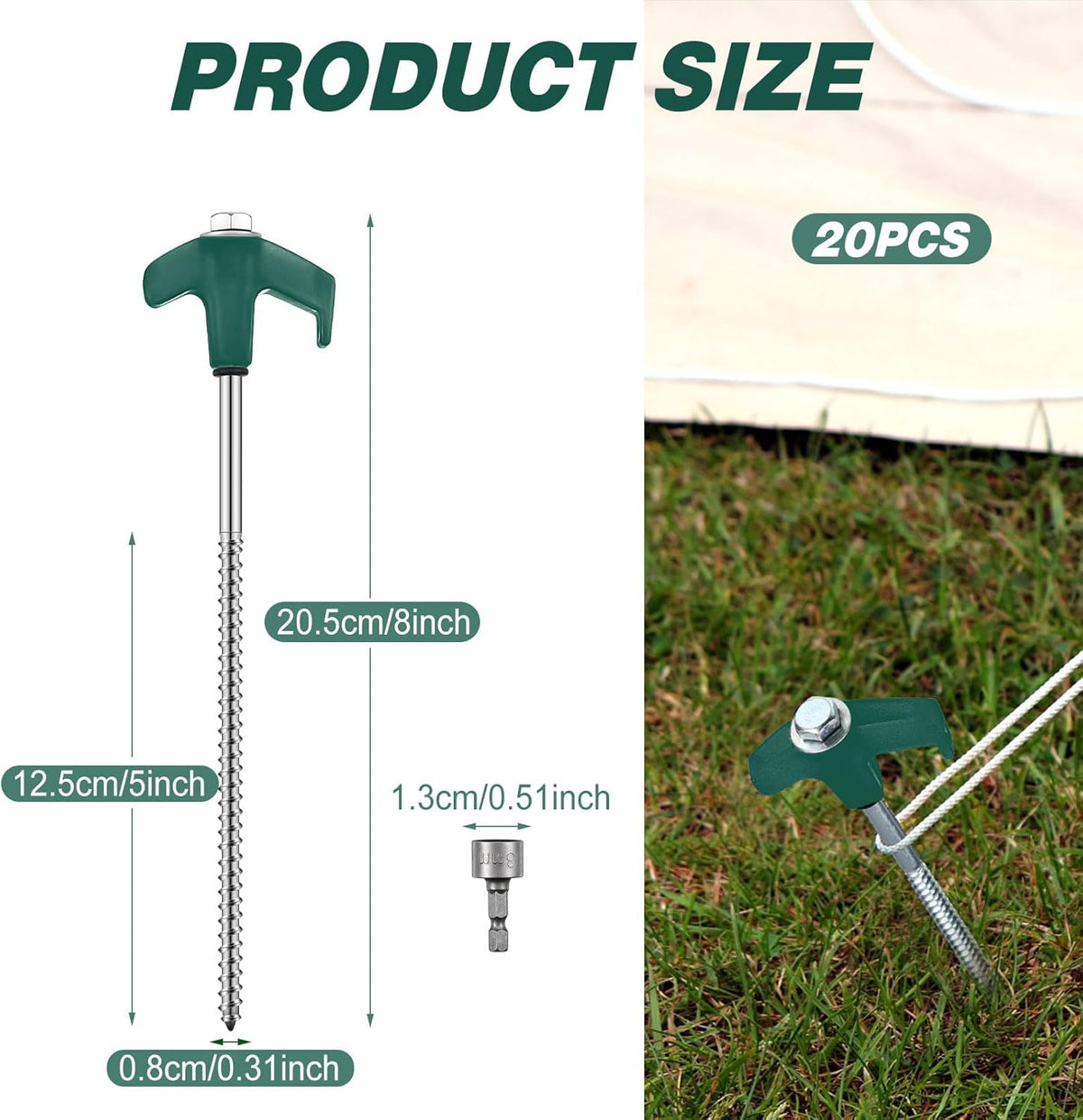 Hicarer 20 Pcs 20 Pcs 8'' Screw in Tent Stakes Heavy Duty Ground Metal Stakes for Inflatables with