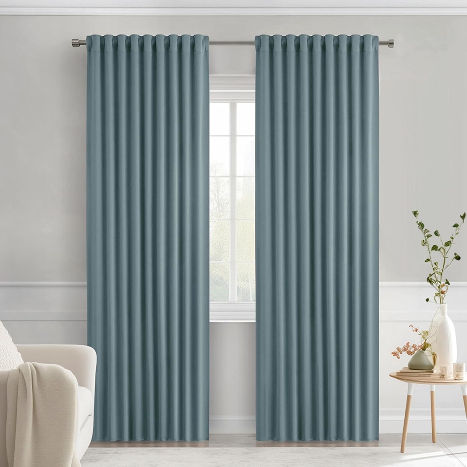 MIULEE Greyish Blue Back Tab Blackout Curtains 84 Inch Length 2 Panels Set for Living Room Bedroom