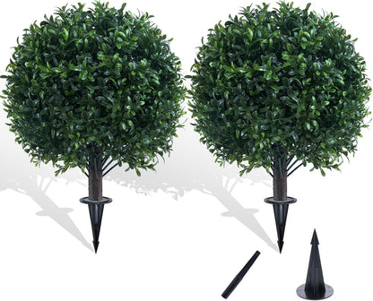 Artificial Boxwood Topiary Ball Bush for Outdoor with Spike, UV Resistant Faux Boxwood Ball Tree