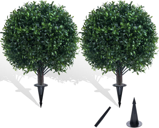 Artificial Boxwood Topiary Ball Bush for Outdoor with Spike, UV Resistant Faux Boxwood Ball Tree