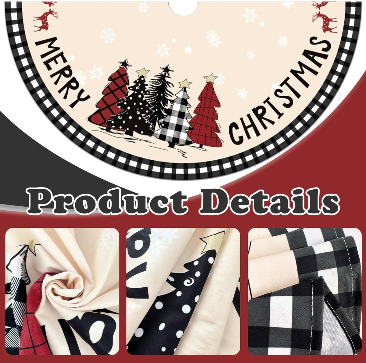 Christmas Tree Skirt 48 Inches Black White Buffalo Plaid Xmas Tree Skirt with Snowflake Merry