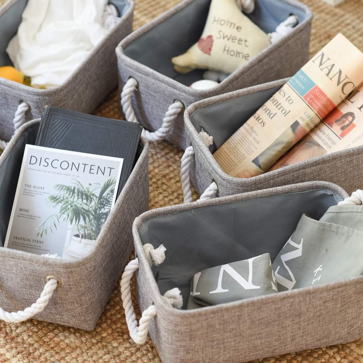 TheWarmHome Foldable Small Storage Baskets with Strong Cotton Rope Handles [6-Pack] Gray