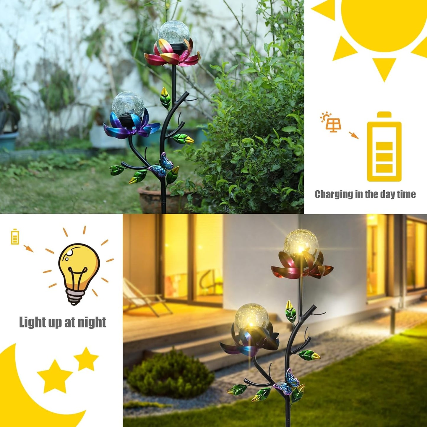 VCUTEKA Solar Garden Light Solar Flowers Light with LED Crackle Glass Globe Solar Lights Outdoor