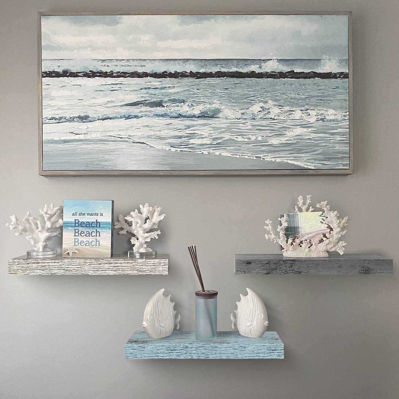 Sorbus Floating Shelves - 3 Pack 16 Inch Rustic Grey Blue Rustic Wall Shelves for Bedroom, Kitchen