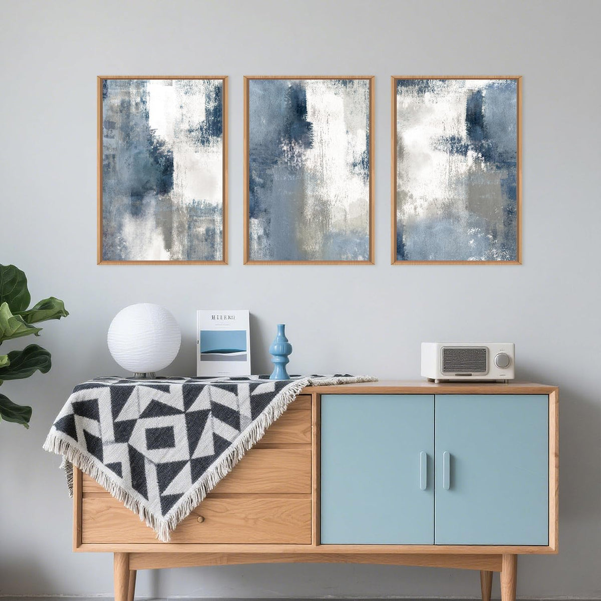 LHIUEM Large Abstract Brush Strokes Framed Canvas Wall Art Set,Navy Blue and Gray Wall Decor,Modern