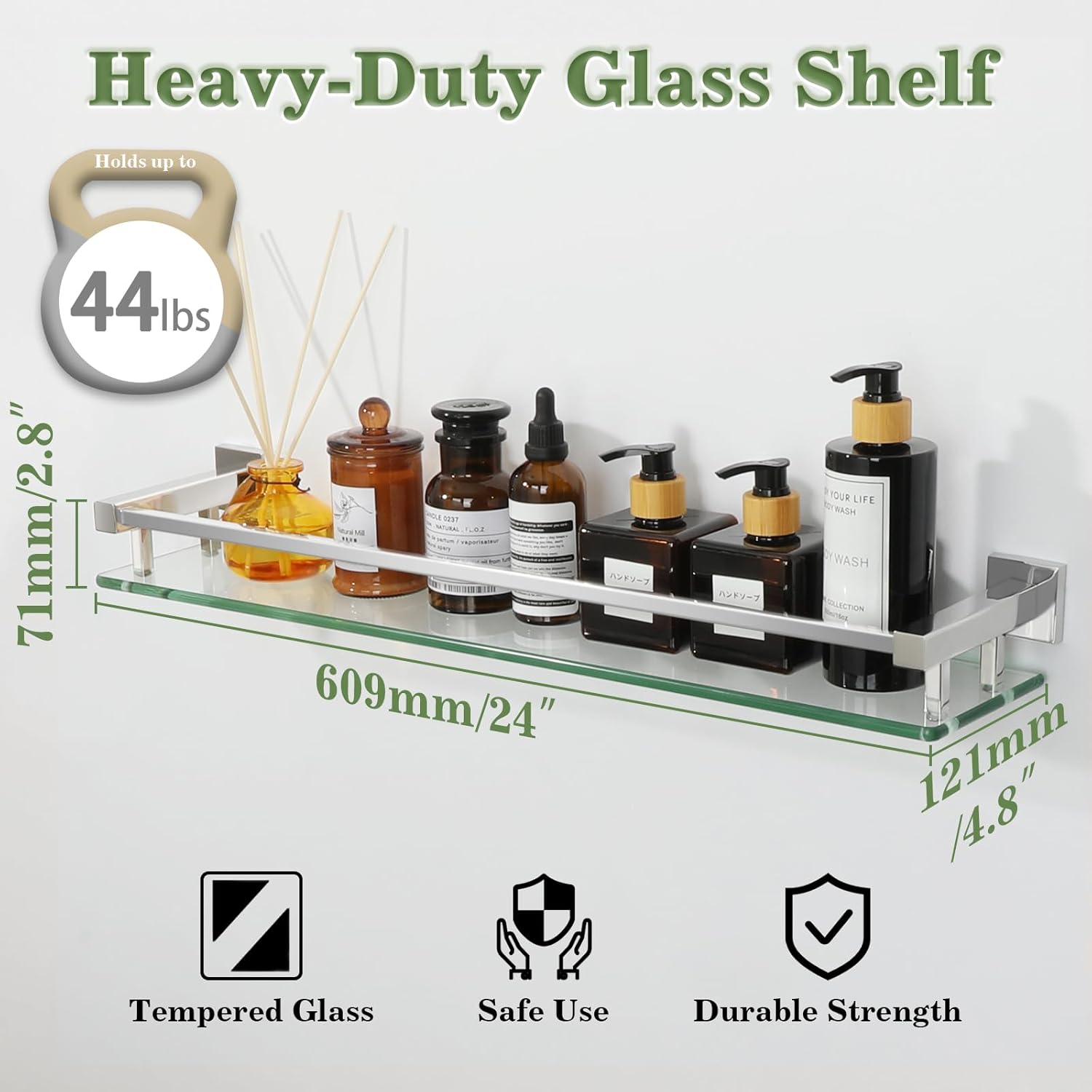 Alise Bathroom Shelf Wall Mounted, Polished Chrome Large Capacity Glass Shelf for Bathroom, 24 inch