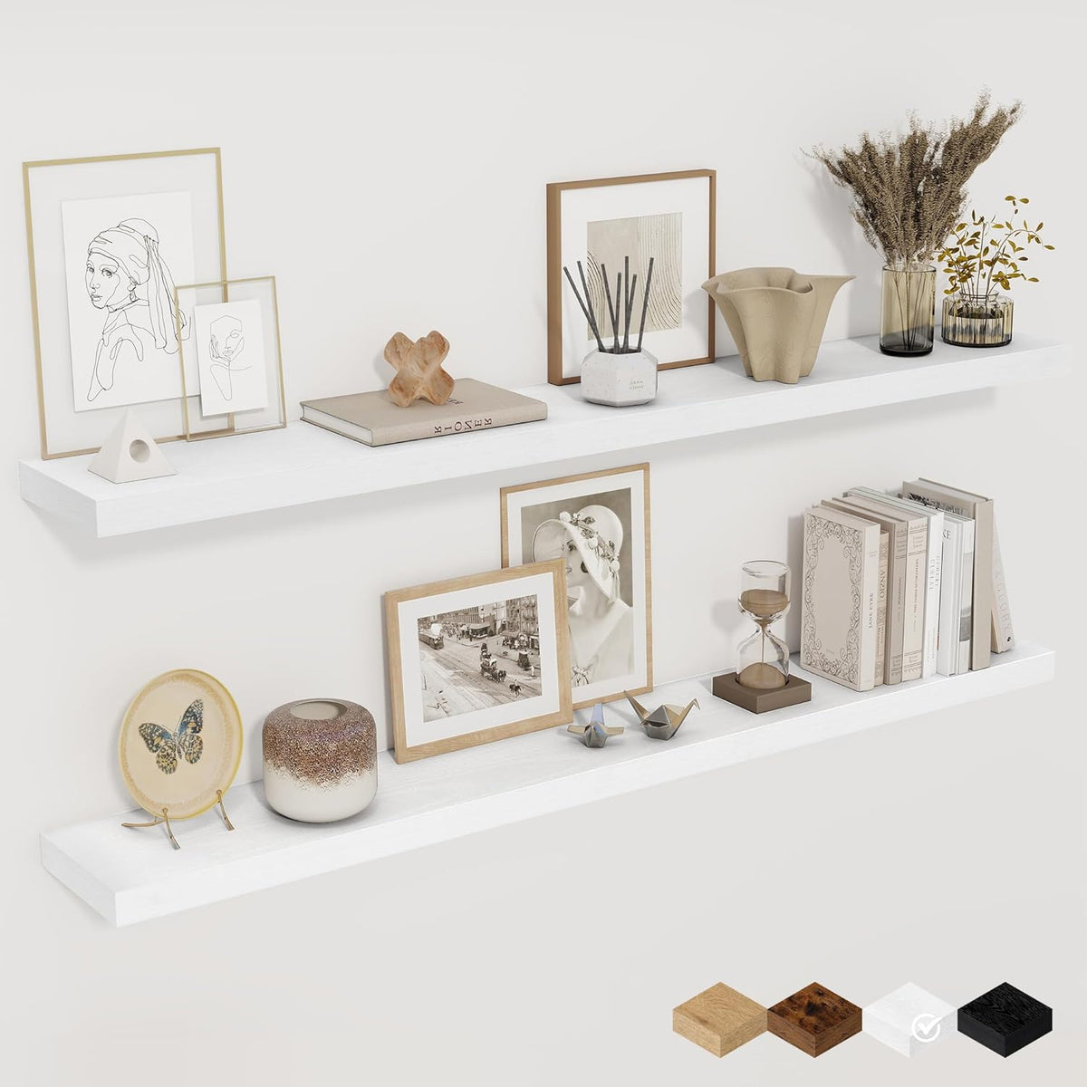 White Floating Shelves for Wall, 48 Inch Floating Shelves for Home Decor, Wall Mounted Rustic Wood