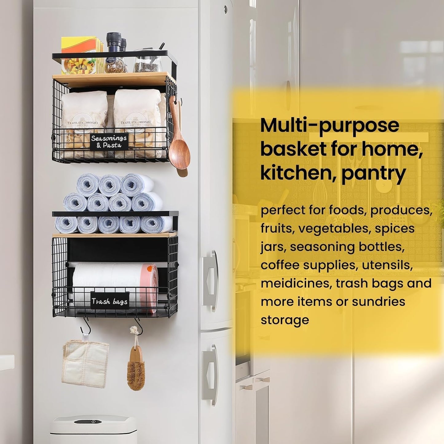 [WIDER Shelf]2 SET Strong Magnetic Shelf Basket for Fridge with Tag & Bamboo Top, XXL Large