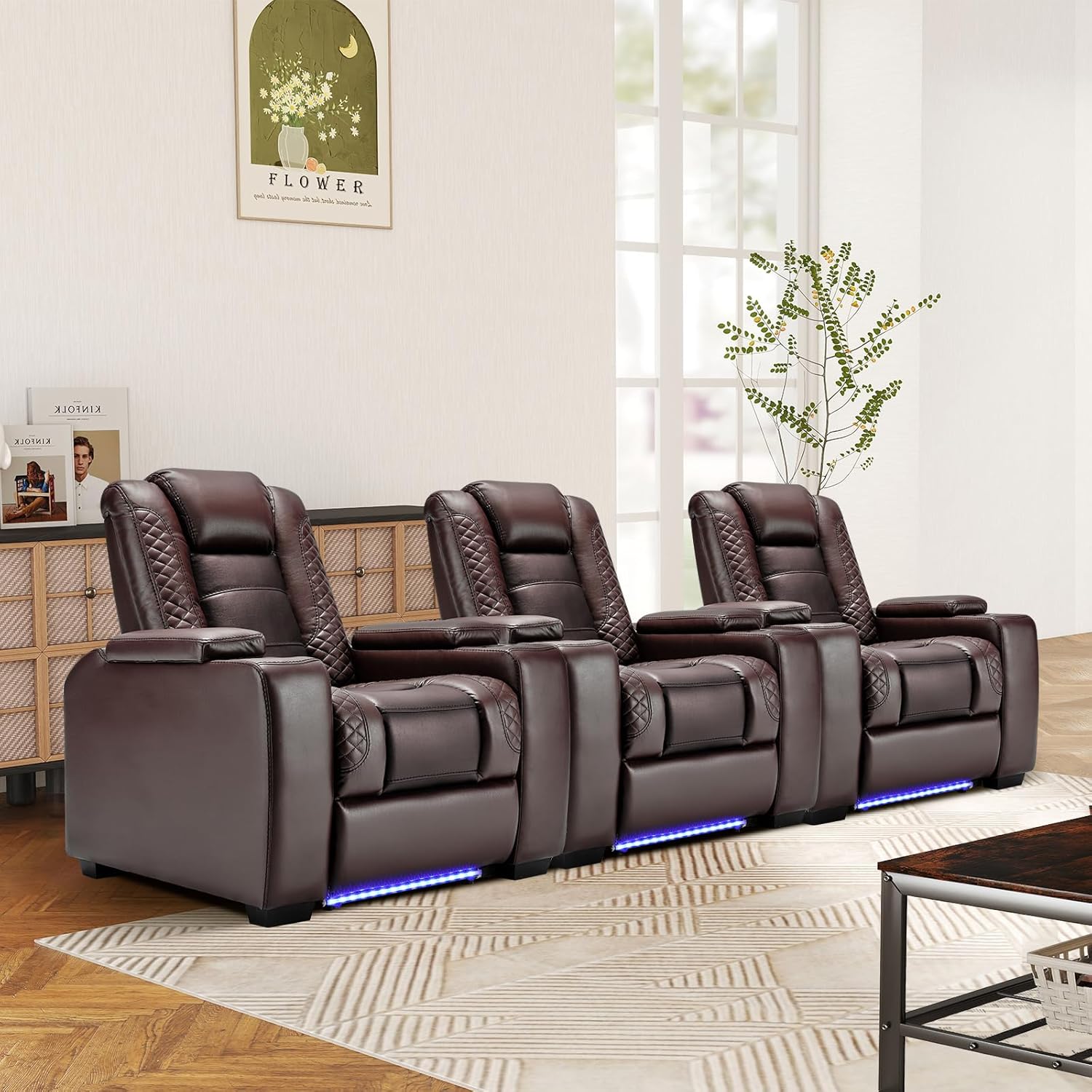 ANJ Power Home Theater Seating Set of 3, Brown Faux Leather Electric Recliner Chair with Powered