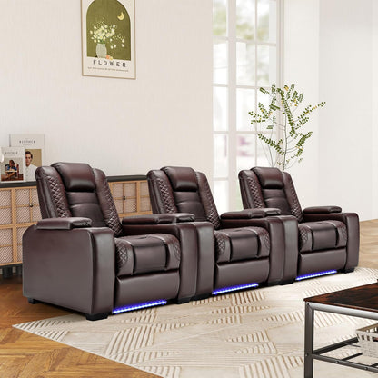 ANJ Power Home Theater Seating Set of 3, Brown Faux Leather Electric Recliner Chair with Powered